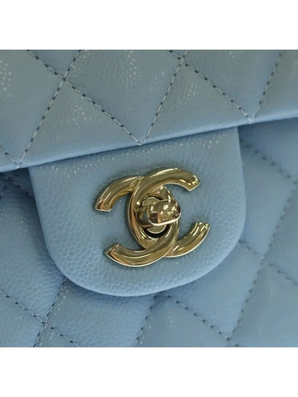 Chanel Quilted 23 Double Flap Chain Shoulder Bag Light Blue Caviar Leather Gold